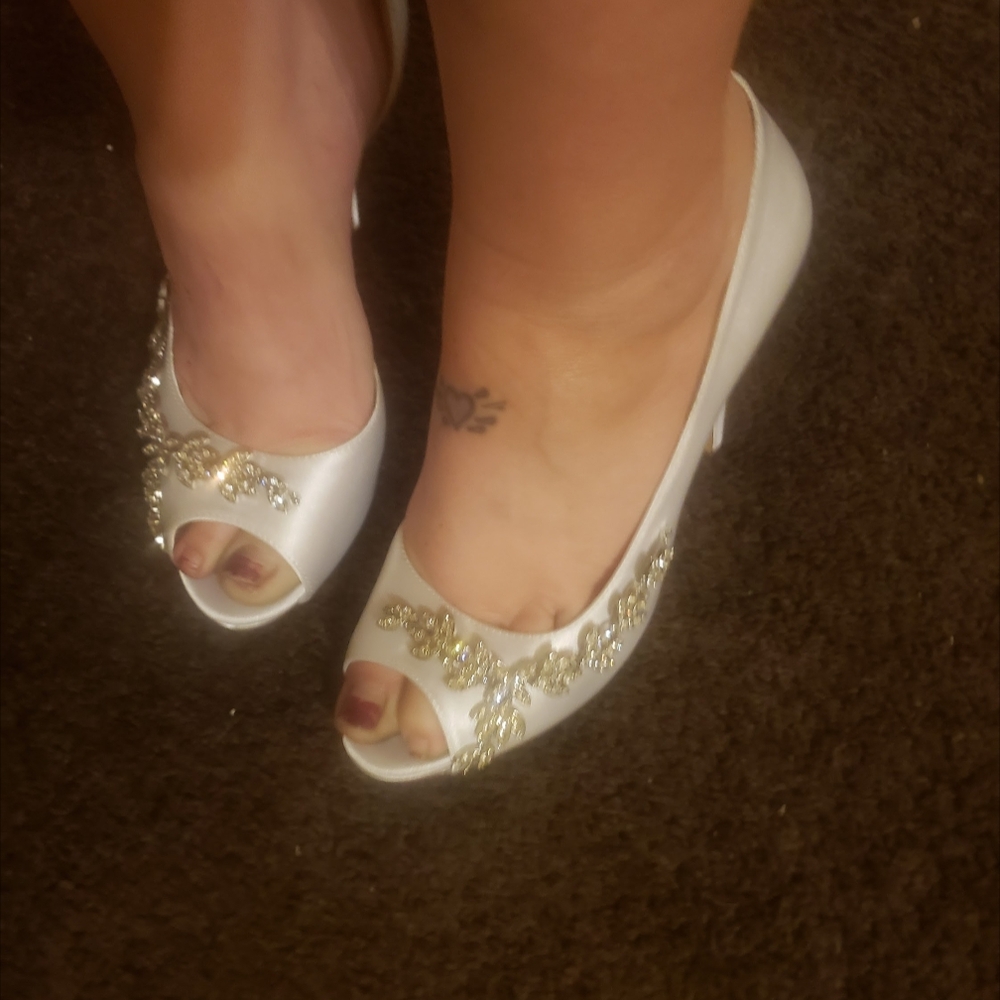 Silver and White Peep-Toe Heels with Ornate Design
